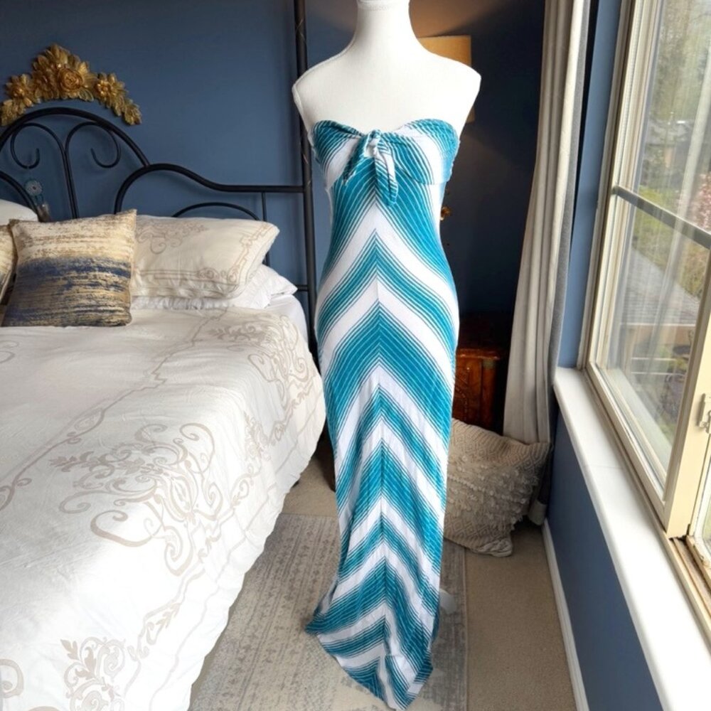 Roxy Turquoise and White Striped Maxi Tube Dress